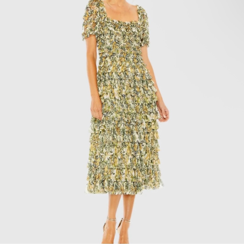 NWT Mac Duggal Gold Multi Floral Chiffon Ruffle Tiered Tea Length Dress Size 12